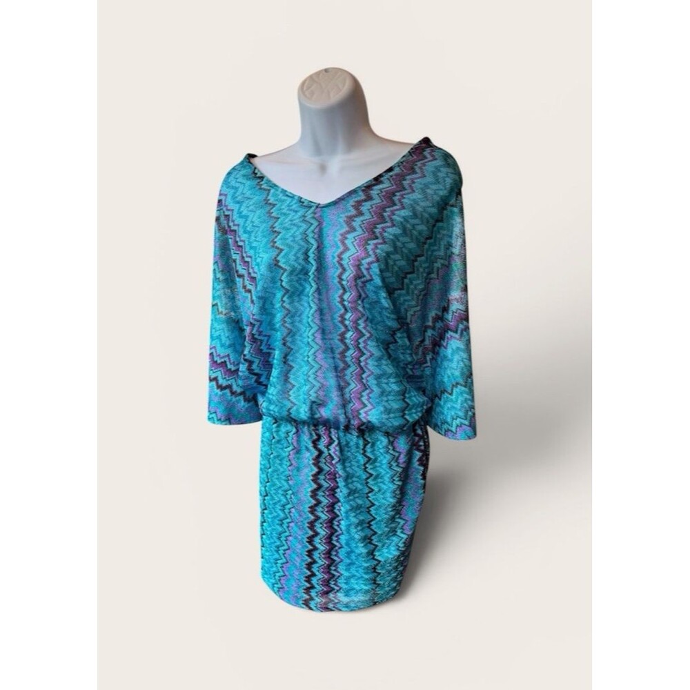 Karina Grimaldi Mini Dress Nicole Knit Size M Teal & Purple Chevron w Belt EUC
